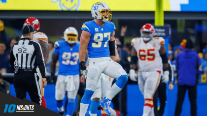 Jerry Tillery and Joey Bosa of the Los Angeles Chargers celebrate