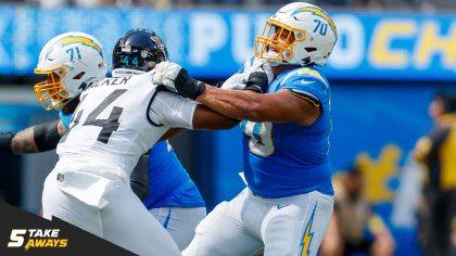 Los Angeles Chargers offensive tackle Rashawn Slater in isolated action  during the first half of an NFL football game against the Pittsburgh  Steelers Sunday, Nov. 21, 2021, in Inglewood, Calif. (AP Photo/Marcio