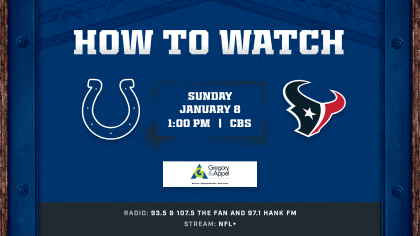 Houston Texans at Indianapolis Colts (Week 18) kicks off at 1:00 p.m. ET  this Sunday and is available to watch on CBS and NFL+.