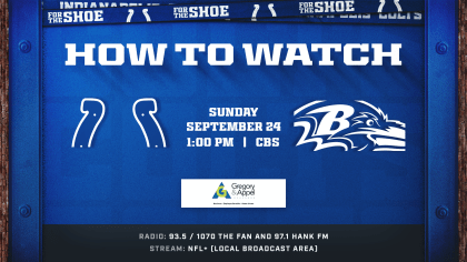 Indianapolis Colts at Baltimore Ravens (Week 3) kicks off at 1:00 p.m. ET  this Sunday and is available to watch on CBS.