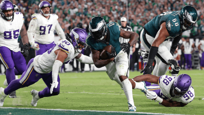 Philadelphia Eagles running back Kenneth Gainwell (14) reacts to the  touchdown during the NFL football game against the Jacksonville Jaguars,  Sunday, Oct. 2, 2022, in Philadelphia. (AP Photo/Chris Szagola Stock Photo  - Alamy