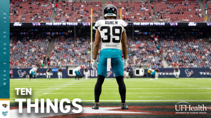 Jacksonville Jaguars wide receiver Parker Washington (11) is seen during  the first half of an NFL football game against the Dallas Cowboys,  Saturday, Aug. 12, 2023, in Arlington, Texas. Jacksonville won 28-23. (