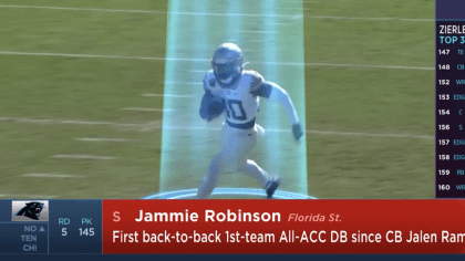 Jammie Robinson of the Carolina Panthers readies at the line of