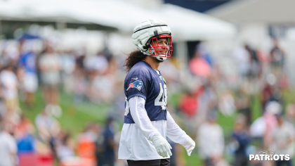 November 14, 2021: New England Patriots linebacker Jahlani Tavai (48) warms  up before the NFL football game between the Cleveland Browns and the New  England Patriots at Gillette Stadium, in Foxborough, Massachusetts.