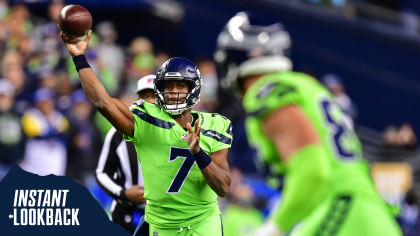 DETROIT, MI - OCTOBER 02: Seattle Seahawks QB Geno Smith (7) makes a throw  while falling to the ground but was flagged for intentional grounding  during the game between Seattle Seahawks and