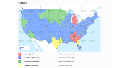 Week 1 NFL Broadcast map. Map on 506sports if interested to see