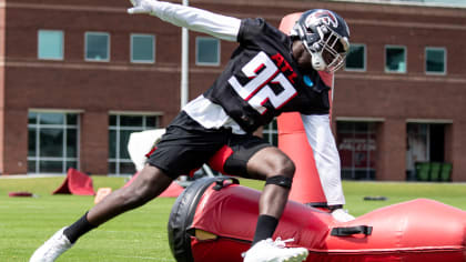 Atlanta Falcons outside linebacker Adetokunbo Ogundeji (92) works during  the second half of an NFL football game against the New England Patriots,  Thursday, Nov. 18, 2021, in Atlanta. The New England Patriots