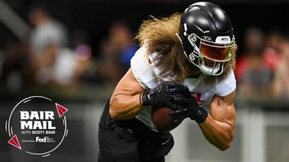 Atlanta Falcons wide receiver Mack Hollins (18) catches a pass during the  second half of an NFL football game against the Carolina Panthers, Sunday,  Sep. 10, 2023, in Atlanta. The Atlanta Falcons