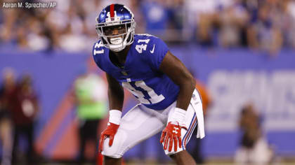 New York Giants cornerback Dominique Rodgers-Cromartie (41) celebrates the  first of his two second-half interceptions against the Washington Redskins  at FedEx Field in Landover, Maryland on Sunday, January 1, 2017. The Giants