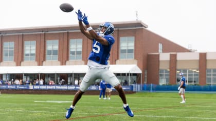 New York Giants wide receiver Collin Johnson celebrates after a catch  during an NFL preseason football game against the New England Patriots at  Gillette Stadium, Thursday, Aug. 11, 2022 in Foxborough, Mass. (