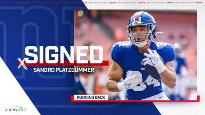 New York Giants running back Sandro Platzgummer (34) practices before a  preseason NFL football game against the New York Jets, Sunday, Aug. 28,  2022, in East Rutherford, N.J. (AP Photo/Adam Hunger Stock