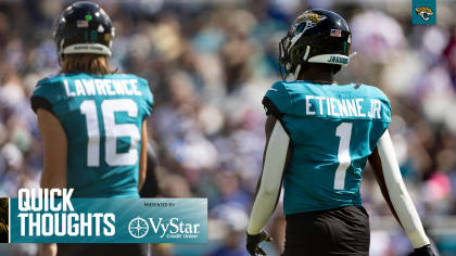 Jacksonville Jaguars safety Andre Cisco (5) returns an interception for a  touchdown against the Philadelphia Eagles during the first quarter of an  NFL football game, Sunday, Oct. 2, 2022, in Philadelphia. The