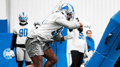 Detroit Lions linebacker Romeo Okwara (95) reacts after a play during the  second half of an NFL preseason football game against the New York Giants,  Friday, Aug. 11, 2023, in Detroit. (AP