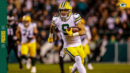 October 2, 2022: Green Bay Packers wide receiver Christian Watson (9)  warming up before the NFL football game between the New England Patriots  and the Green Bay Packers at Lambeau Field in