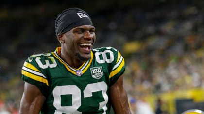 November 11, 2018: Green Bay Packers wide receiver Marquez Valdes-Scantling  #83 stiff arms Miami Dolphins cornerback Bobby McCain #28 during the NFL  Football game between the Miami Dolphins and the Green Bay