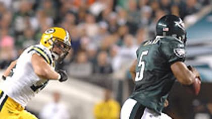 Philadelphia Eagles quarterback Donovan McNabb gets sacked by New