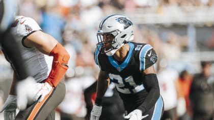 Carolina Panthers safety Jeremy Chinn plays against the New England Patriots  during the second half of an NFL football game Sunday, Nov. 7, 2021, in  Charlotte, N.C. (AP Photo/Jacob Kupferman Stock Photo 