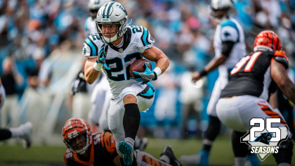 Download Carolina Panthers running back Christian McCaffrey rushes for a  touchdown during an NFL game. Wallpaper