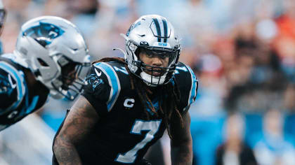 Carolina Panthers linebacker Shaq Thompson (7) reacts after making a play  on defense during an NFL football game against the Atlanta Falcons,  Thursday, Nov. 10 2022, in Charlotte, N.C. (AP Photo/Brian Westerholt