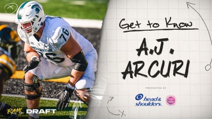 Los Angeles Rams offensive tackle AJ Arcuri works on drills during