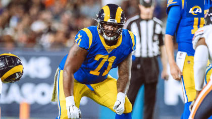 Los Angeles Rams offensive tackle Bobby Evans (71) on the bench