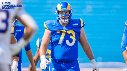 INGLEWOOD, CA - SEPTEMBER 18: Los Angeles Rams Offensive Guard David  Edwards (73) prepares to block during an NFL game between the Atlanta  Falcons and the Los Angeles Rams on September 18