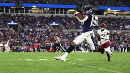 BALTIMORE, MD - AUGUST 27: Baltimore Ravens wide receiver Demarcus Robinson  (10) catches a pass during the NFL preseason football game between the  Washington Commanders and Baltimore Ravens on August 27, 2022