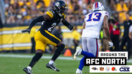 Pittsburgh Steelers cornerback Joey Porter Jr. (24) covers Buffalo