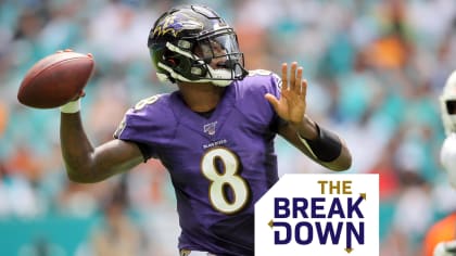 Baltimore Ravens TE Mark Andrews (89) celebrates with Baltimore Ravens WR  Marquise Brown (5) after Andrews' fourth quarter touchdown during a game  against the Indianapolis Colts at M&T Bank Stadium in Baltimore