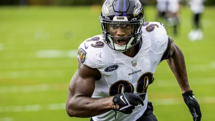 Baltimore Ravens linebacker Odafe Oweh (99) in action during the third  quarter an NFL preseason football game against the New Orleans Saints  Saturday, Aug. 14, 2021, in Baltimore. (AP Photo/Terrance Williams Stock