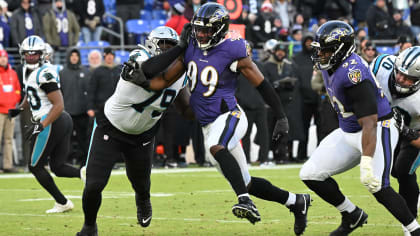 Baltimore Ravens linebacker Odafe Oweh (99) in action during the third  quarter an NFL preseason football game against the New Orleans Saints  Saturday, Aug. 14, 2021, in Baltimore. (AP Photo/Terrance Williams Stock