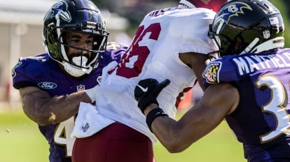 Baltimore Ravens helmets sit behind players on the bench during