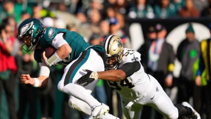 New Orleans Saints defensive end Cameron Jordan (94) sacks Jacksonville  Jaguars quarterback Gardner Minshew, left, during the first half of an NFL  football game Sunday, Oct. 13, 2019, in Jacksonville, Fla. (AP