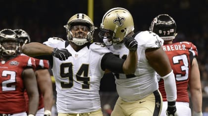 New Orleans Saints defensive end Cameron Jordan (94) signals during the  second half of an NFL football game against the Atlanta Falcons, Sunday,  Sep. 11, 2022, in Atlanta. The New Orleans Saints