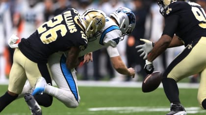 The New Orleans Saints defense celebrates a P.J. Williams (26) interception  return of 45-yards for a touchdown in the third quarter against the  Minnesota Vikings on Sunday, Oct. 28, 2018 at U.S.