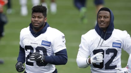 Seattle Seahawks' running back Chris Carson takes part in an NFL training  session at the Grove Hotel in Chandler's Cross, Watford, England, Thursday,  Oct. 11, 2018. The Seattle Seahawks are preparing for