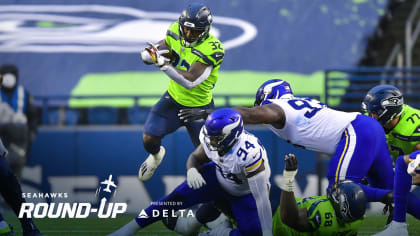 Seattle Seahawks' running back Chris Carson takes part in an NFL training  session at the Grove Hotel in Chandler's Cross, Watford, England, Thursday,  Oct. 11, 2018. The Seattle Seahawks are preparing for