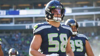 Seattle Seahawks linebacker Tanner Muse (58) looks on during an NFL  football game against the Las