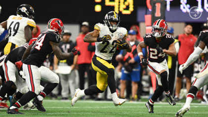 Pittsburgh Steelers wide receiver Steven Sims (82) runs the ball during the  first half of an NFL football game against the Atlanta Falcons, Sunday,  Dec. 4, 2022, in Atlanta. The Pittsburgh Steelers