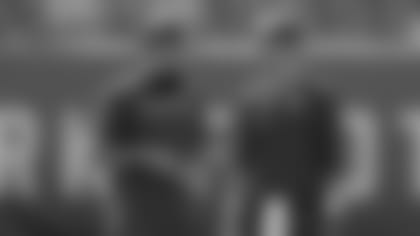 Buffalo Bills quarterback Josh Allen, left, and New York Giants quarterback Eli Manning talk before an NFL football game, Sunday, Sept. 15, 2019, in East Rutherford, N.J. (AP Photo/Bill Kostroun)