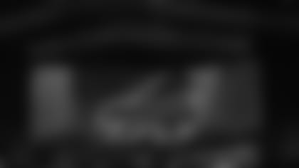 A detail view of the Buffalo Bills logo on a video display board during the 2021 NFL football draft, Saturday, May 1, 2021, in Cleveland. (Aaron M. Sprecher via AP)