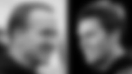 FILE - At left, in a Dec. 20, 2015, file photo, Denver Broncos quarterback Peyton Manning smiles before an NFL football game against the Pittsburgh Steelers, in Pittsburgh. At right, in a Dec. 9, 2015, file photo, New England Patriots quarterback Tom Brady faces reporters before a scheduled NFL football practice, in Foxborough, Mass. Denver and New England play in the AFC Championship game on Sunday, Jan. 24, 2016, in Denver. (AP Photo/File)