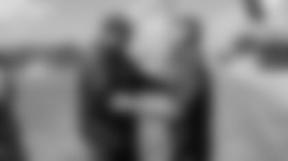 TAMPA, FL - SEPTEMBER 11, 2019 - Kirk Karsen of Gaither High School and Head Coach Bruce Arians of the Tampa Bay Buccaneers during High School Coach of the Week presentation at AdventHealth Training Center in Tampa, FL. Photo By Tori Richman/Tampa Bay Buccaneers