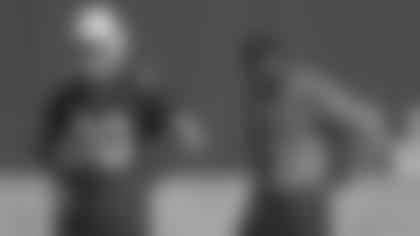 Tight ends Jermaine Gresham (right) and Bryce Williams watch a play during Monday's practice.