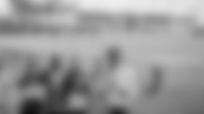 The 2021 Nat Moore Endowment Scholarship recipients at the Baptist Health Training Complex on Monday, Aug. 2, 2021 in Miami Gardens, Fla. (Peter McMahon/Miami Dolphins via AP)