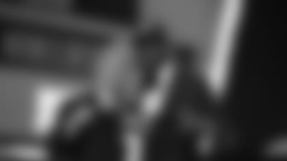 Florida tight end Kyle Pitts celebrates being selected to the Atlanta Falcons with Roger Goodell during the 2021 NFL Draft on Thursday, April 29, 2021 in Cleveland, Ohio. (Alika Jenner/NFL)