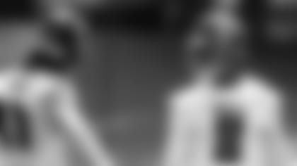 Atlanta Falcons tight end Kyle Pitts #8 looks on tight end Hayden Hurst #81 during organized team activities in Phase III of the Atlanta Falcons offseason program on May 25, 2021.