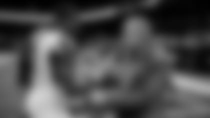 Atlanta Falcons owner Arthur Blank shakes hands with wide receiver Julio Jones #11 after the game against the New Orleans Saints at the Mercedes-Benz Superdome in New Orleans, LA, on Sunday November 10, 2019. (Photo by Rob Foldy/Atlanta Falcons)