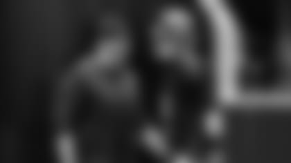 Atlanta Falcons head coach Arthur Smith and quarterback Matt Ryan #2 talk during the second half against the Carolina Panthers at Mercedes-Benz Stadium in Atlanta, Georgia on Sunday, October 31, 2021. (Photo by Kyle Hess/Atlanta Falcons)