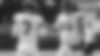 Jacksonville Jaguars quarterback Nick Foles (7) and center Brandon Linder (65) shake hands prior to a game against the Kansas City Chiefs, Sunday, Sept. 8, 2019 in Jacksonville,Fla. (Logan Bowles via AP)